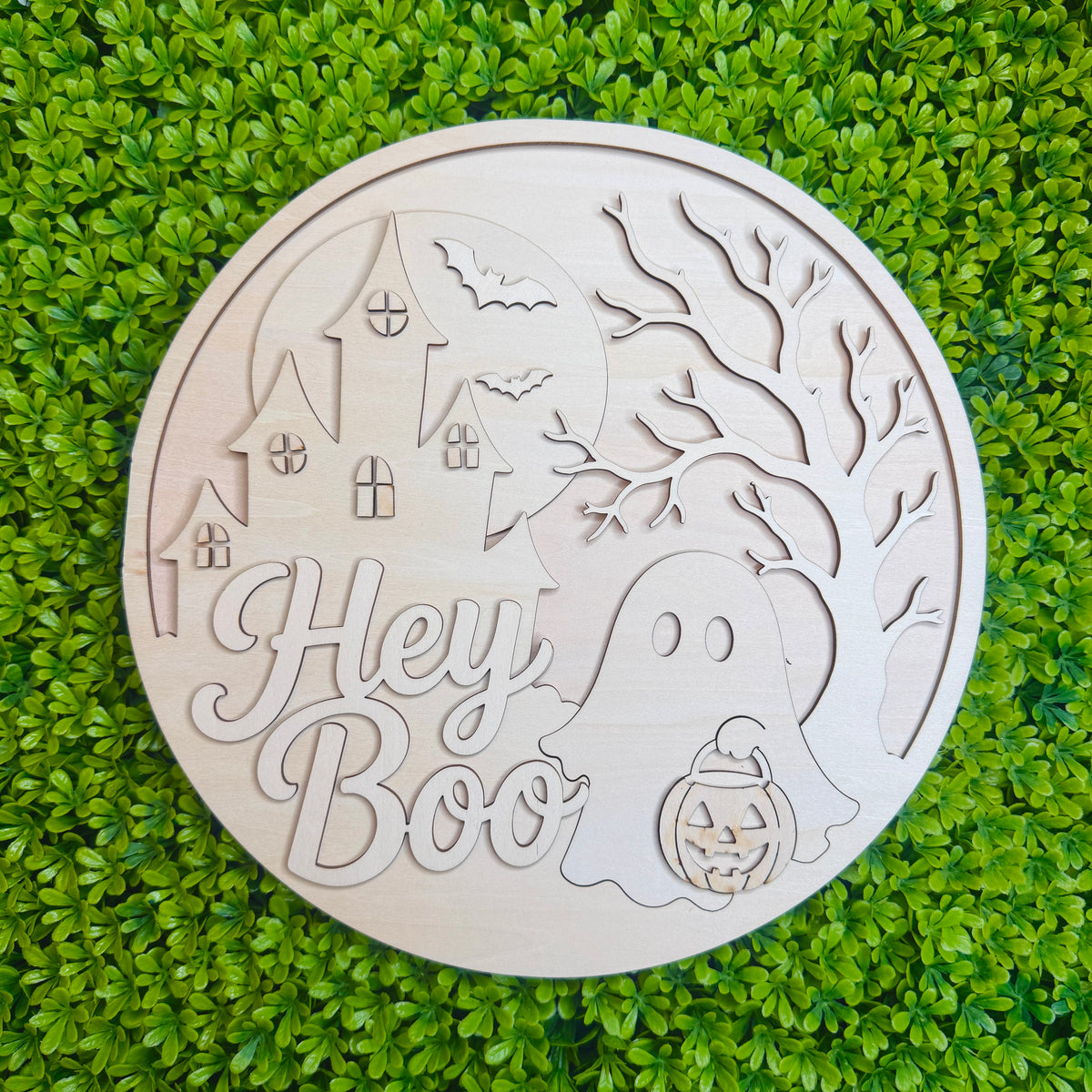 Hey Boo Round Sign DIY Blank | Layered Halloween Door Hanger | Haunted House Ghost & Tree Cutout | 11.5” Unfinished Wood | Paint Your Own