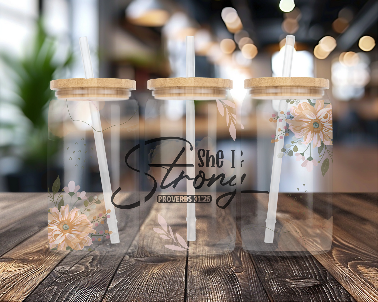 She Is Strong Proverbs 31:25 | UVDTF Transfer Full Wrap | 16 oz Glass Can