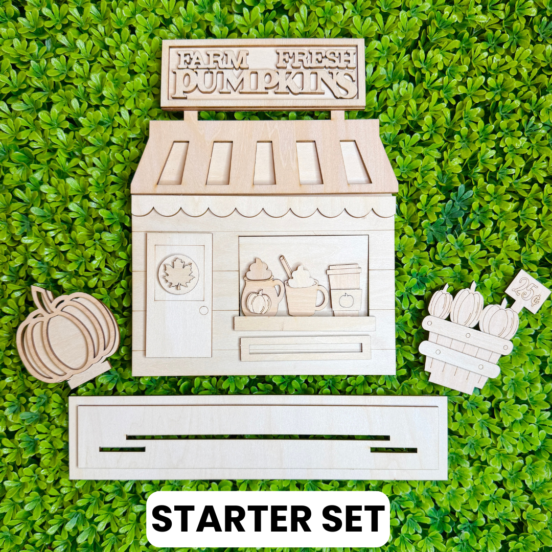 Farm Fresh Pumpkins Interchangeable Storefront DIY Wood Kit | Unfinished Laser Cut Fall Decor