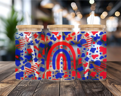 4th Of July Rainbows | UVDTF Transfer Full Wrap | 16 oz Glass Can