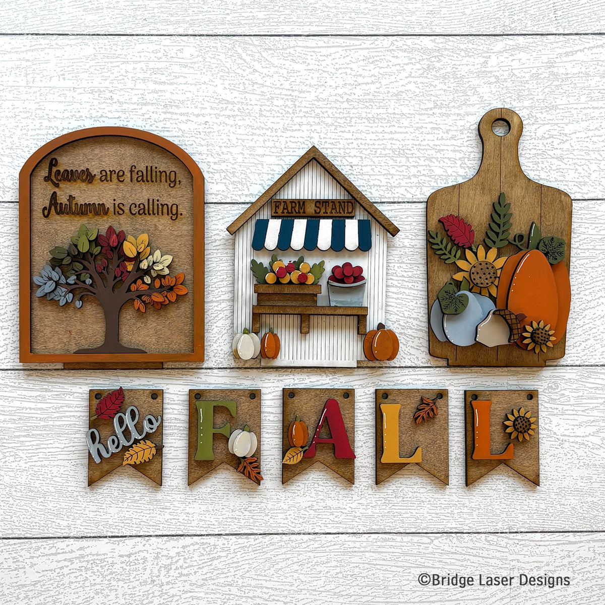 Hello Fall Interchangeable Set | Autumn Farm Stand Decor Kit for Seasonal Display Bench