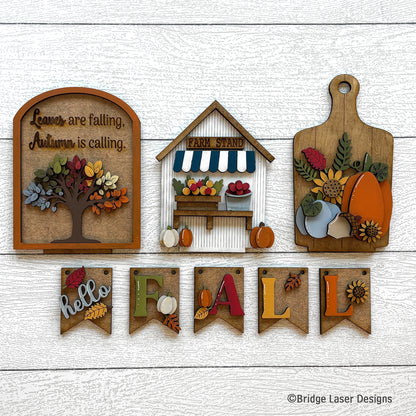 Hello Fall Interchangeable Set | Autumn Farm Stand Decor Kit for Seasonal Display Bench
