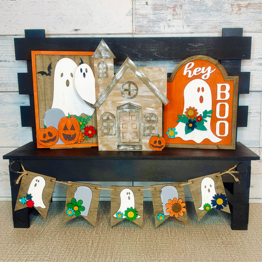 Hey Boo Halloween Interchangeable Set | Ghost Decor Kit for Seasonal Display Bench - The Crafty Brick