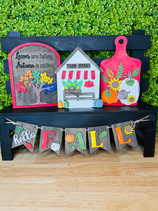 Hello Fall Interchangeable Set | Autumn Farm Stand Decor Kit for Seasonal Display Bench