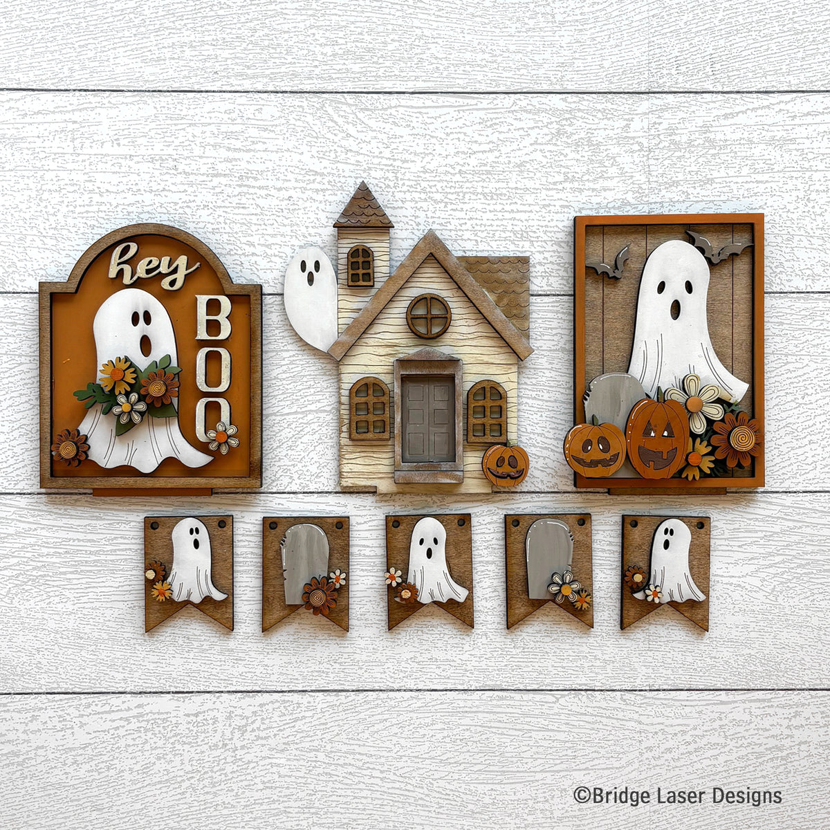Hey Boo Halloween Interchangeable Set | Ghost Decor Kit for Seasonal Display Bench - The Crafty Brick