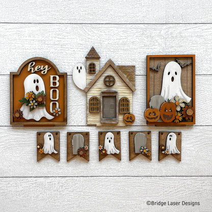 Hey Boo Halloween Interchangeable Set | Ghost Decor Kit for Seasonal Display Bench - The Crafty Brick