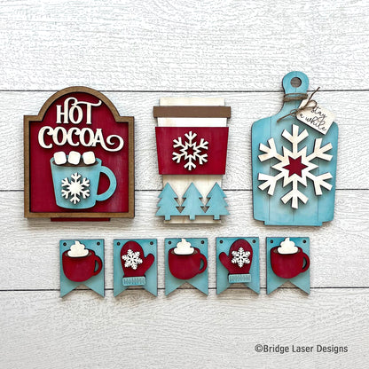 Hot Cocoa Interchangeable Set | Winter Snowflake Decor Kit for Seasonal Display Bench
