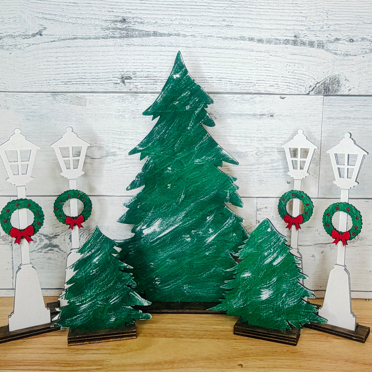 Christmas Village Streetscape Set | 4 Wooden Lampposts and 3 Evergreen Trees DIY Kit