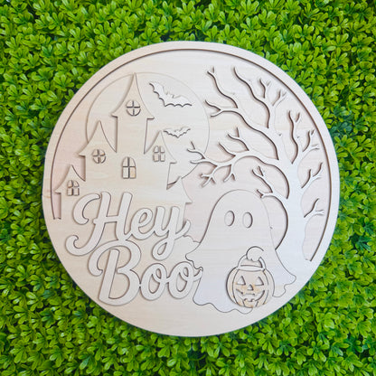 Hey Boo Round Sign DIY Blank | Layered Halloween Door Hanger | Haunted House Ghost & Tree Cutout | 11.5” Unfinished Wood | Paint Your Own