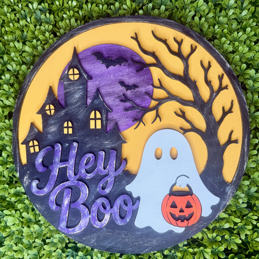 Hey Boo Round Sign DIY Blank | Layered Halloween Door Hanger | Haunted House Ghost & Tree Cutout | 11.5” Unfinished Wood | Paint Your Own