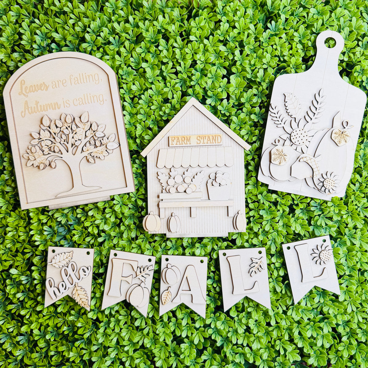Hello Fall Interchangeable Set | Autumn Farm Stand Decor Kit for Seasonal Display Bench