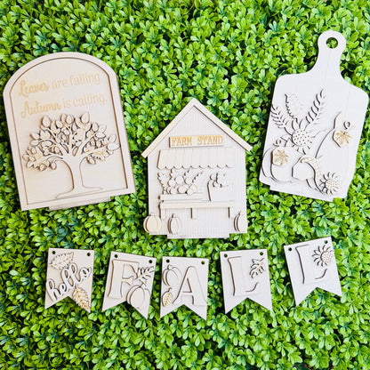 Hello Fall Interchangeable Set | Autumn Farm Stand Decor Kit for Seasonal Display Bench
