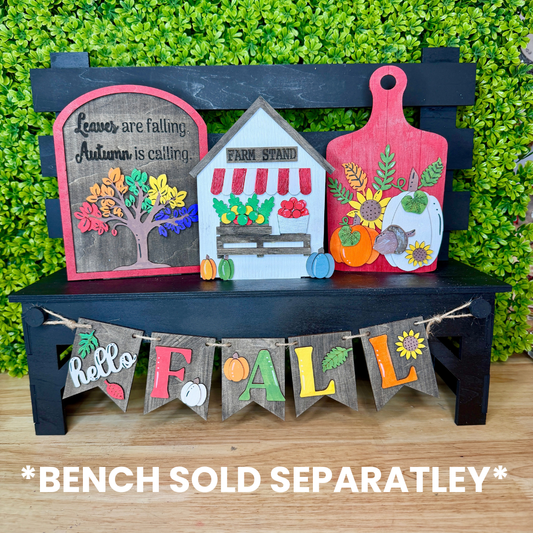 Hello Fall Interchangeable Set | Autumn Farm Stand Decor Kit for Seasonal Display Bench
