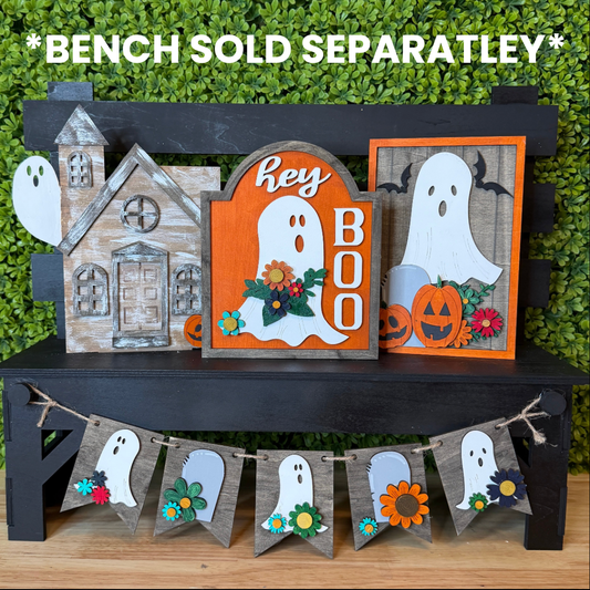 Hey Boo Halloween Interchangeable Set | Ghost Decor Kit for Seasonal Display Bench
