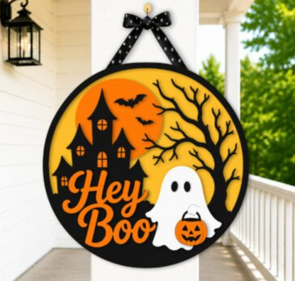 Hey Boo Round Sign DIY Blank | Layered Halloween Door Hanger | Haunted House Ghost & Tree Cutout | 11.5” Unfinished Wood | Paint Your Own