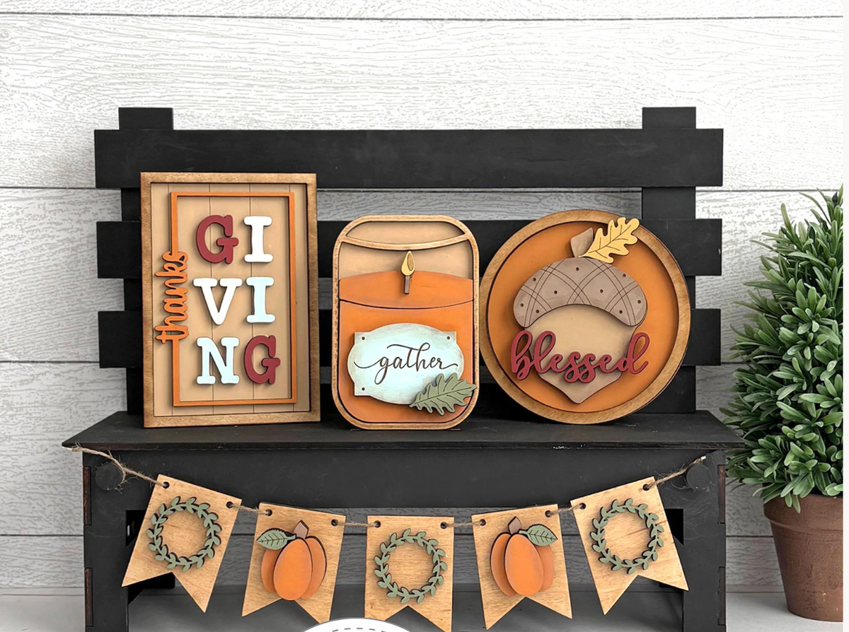 Thanksgiving Interchangeable Set | Gather and Blessed Decor Kit for Seasonal Display Bench