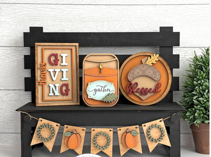 Thanksgiving Interchangeable Set | Gather and Blessed Decor Kit for Seasonal Display Bench