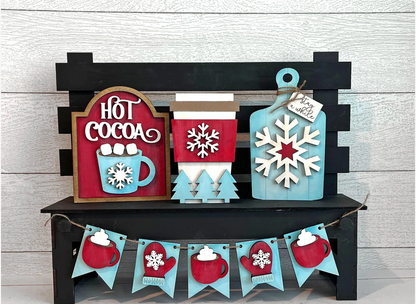 Hot Cocoa Interchangeable Set | Winter Snowflake Decor Kit for Seasonal Display Bench