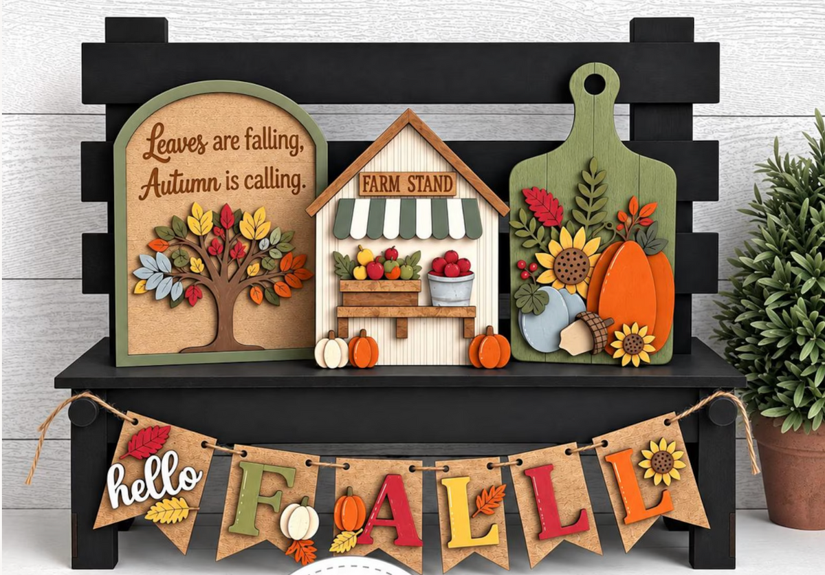 Hello Fall Interchangeable Set | Autumn Farm Stand Decor Kit for Seasonal Display Bench