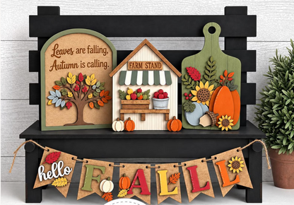 Hello Fall Interchangeable Set | Autumn Farm Stand Decor Kit for Seasonal Display Bench