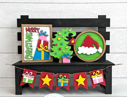 Whimsical Christmas Interchangeable Set | Merry Christmas Decor Kit for Seasonal Display Bench