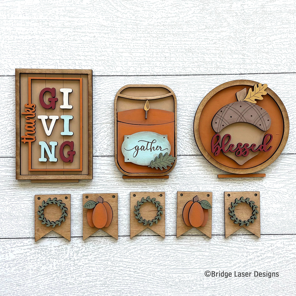 Thanksgiving Interchangeable Set | Gather and Blessed Decor Kit for Seasonal Display Bench