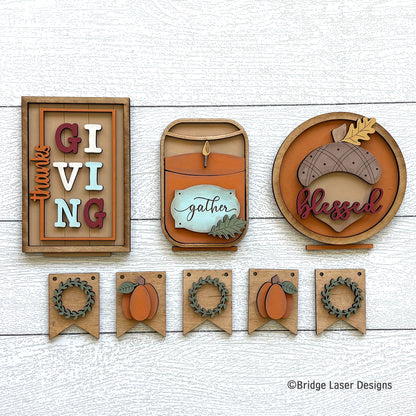 Thanksgiving Interchangeable Set | Gather and Blessed Decor Kit for Seasonal Display Bench