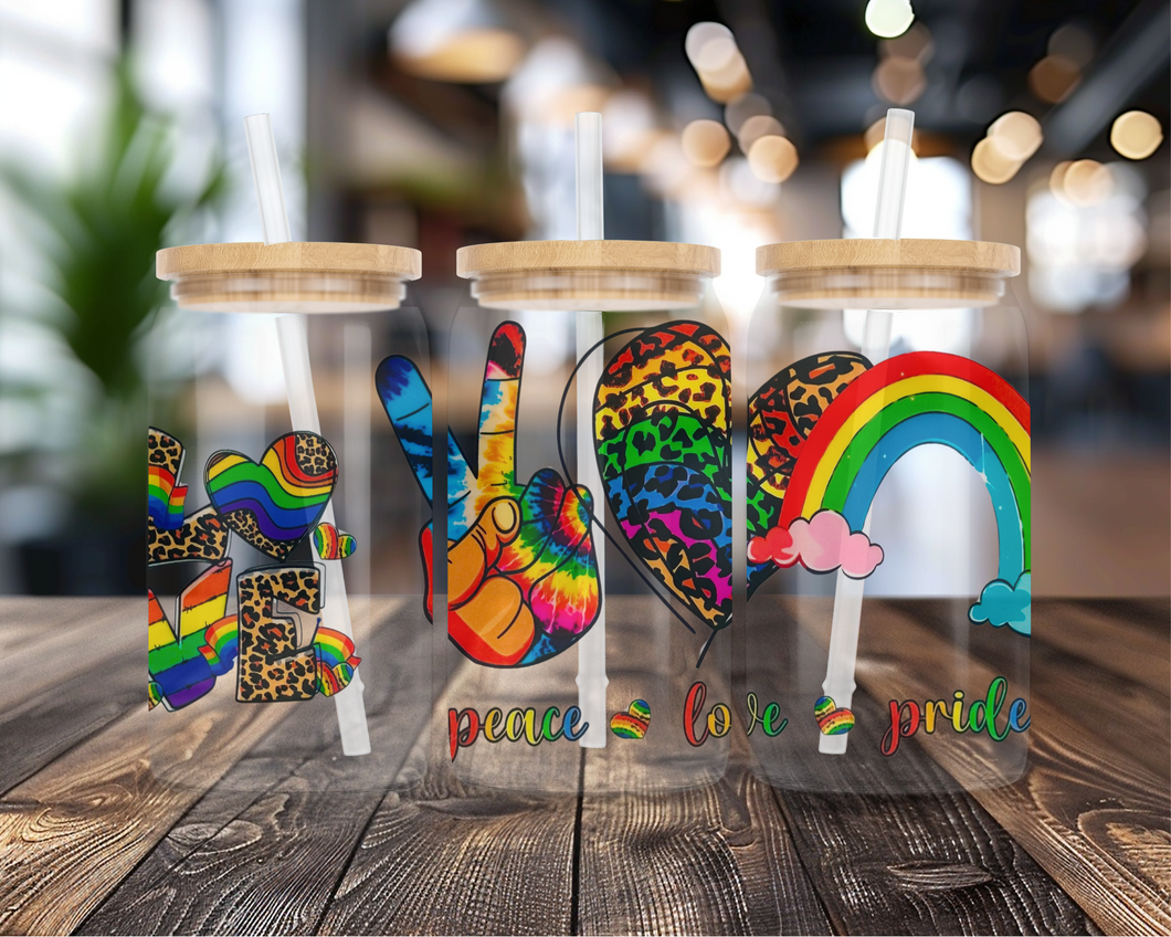 Peace Love Pride | UVDTF Transfer Full Wrap | 16 oz Glass Can