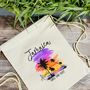 Customized Linen Cinch Sack | Drawstring Backpack | Girl's Trip Tote | Gift For Wedding Party | Couples Trip Tote | Sublimated Tote Bag |