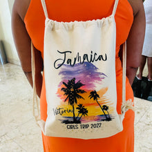 Load image into Gallery viewer, Customized Linen Cinch Sack | Drawstring Backpack | Girl&#39;s Trip Tote | Gift For Wedding Party | Couples Trip Tote | Sublimated Tote Bag |
